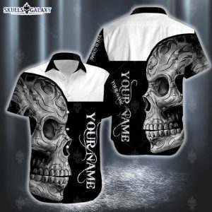 Custom Name Black And White Skull Unisex Hawaiian Aloha Shirt