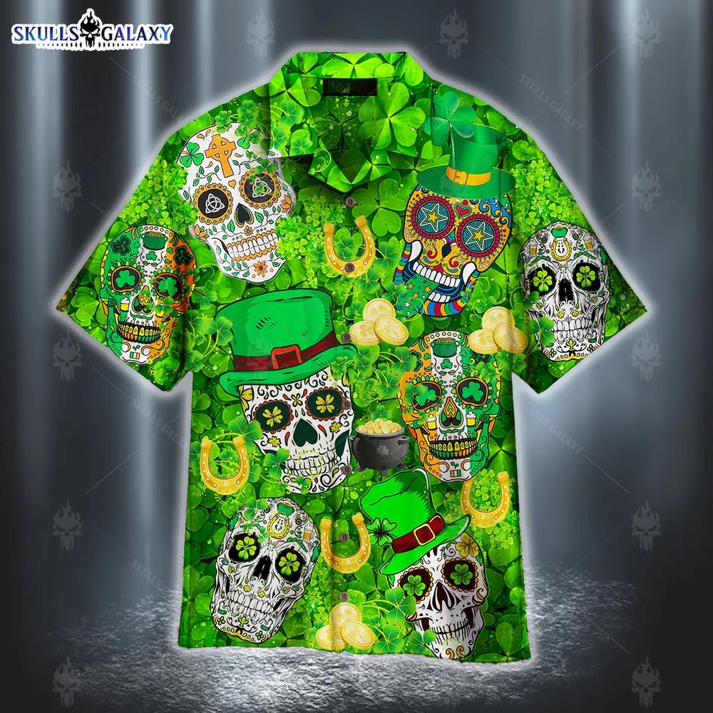 Green Sugar Skull St Patricks Day Hawaiian Shirt For Men Women
