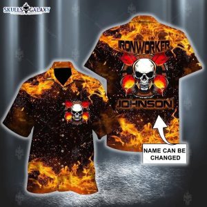 Hawaiian Aloha Shirt Ironworker Fire Skull Custom Name