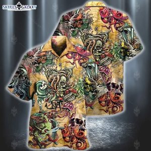 Hawaiian Aloha Shirt Skull Octopus Into The Sea